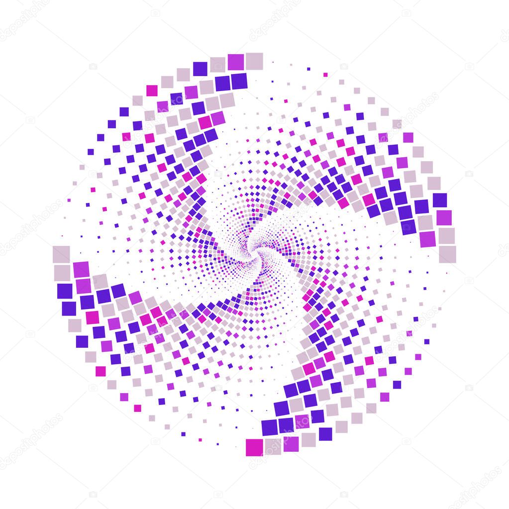 Vortex element, geometric halftone pattern. Whirlpool, spiral circle. Digital poster. Vector illustration. Graphic design element