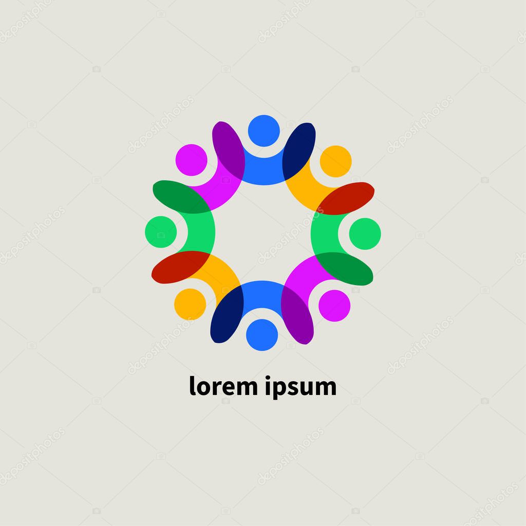 Teamwork icon, unity of people logo. Friendship, family abstract round symbol. Business community sign. Networking flat concept