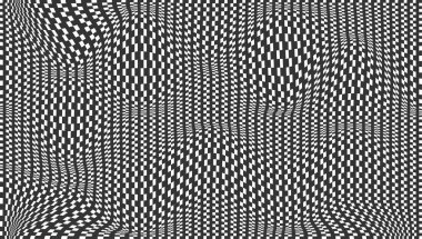 Bozuk karelerle donatılmış arkaplan. Çarpıtmalı soyut afiş. Satranç deseni. Satranç tahtası yüzeyi.