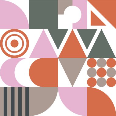 Bauhaus geometrik şekilli kusursuz desen. Bauhaus arka planı üçgenler, daireler ve kareler ile