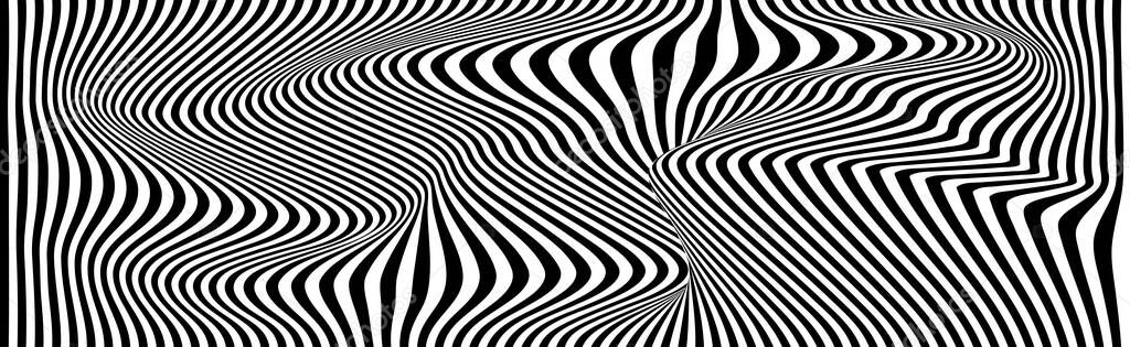 Distortion lines background. Distort stripes, abstract modern pattern. Op art illusion waves. Vector 3d curves. Dynamic surface