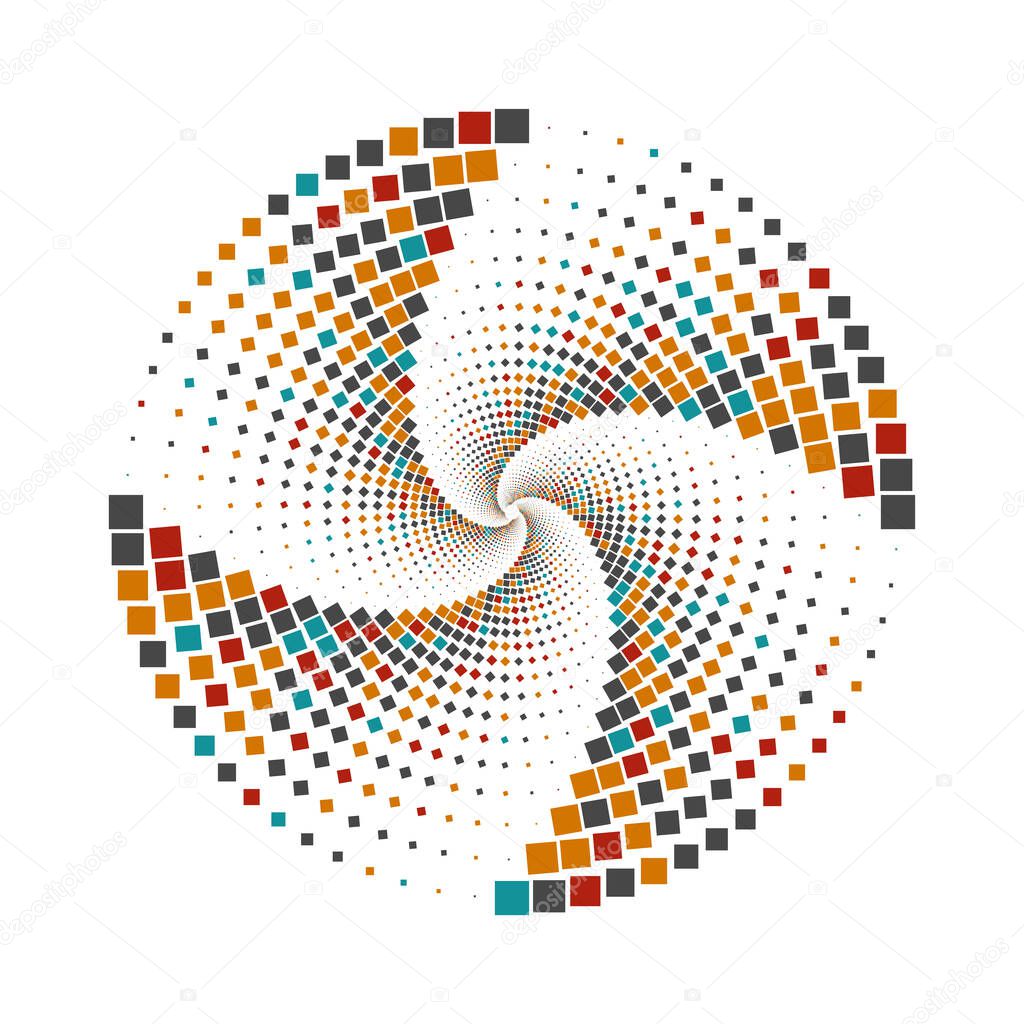 Vortex element, geometric halftone pattern. Whirlpool, spiral circle. Digital poster. Vector illustration. Graphic design element