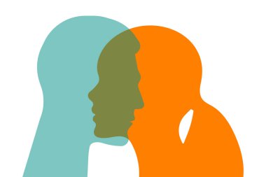 Erkek ve kadının yüzleri, kız ve erkek. İki profil bir arada. İlişkiler, aile sembolü. Aile terapisinin vektör psikolojisi çizimi