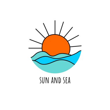 Deniz ve güneş el işaretli logo. Güneş ve okyanus çizimi. Yaz tatili için Vtctor en az illüstrasyon