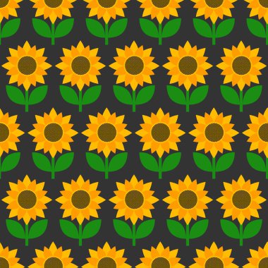 Sarı yapraklı, kusursuz bir ayçiçeği deseni. Yaz dönemi. Ayçiçeği arkaplanı