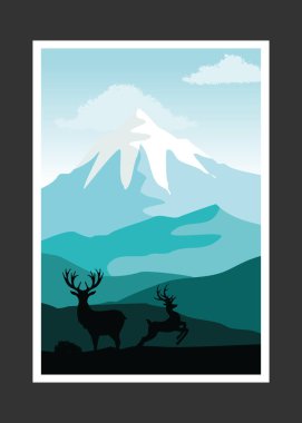 Geyik ve dağ resimleri, soyut arka plan, manzara.