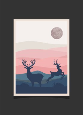 Geyik ve dağ resimleri, soyut arka plan, manzara.