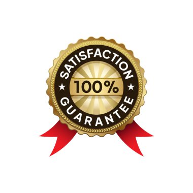 % 100 Müşteri Memnuniyeti Altın ve Gümüş Sertifika Rozeti etiketi. Parlak Kalite Ürün Paketleme Sembolü.