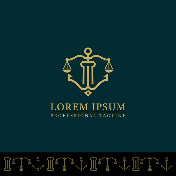 Profesyonel hukuk bürosu logo tasarım şablonu, sütun güç sembolü, adalet ölçeği, sağlam kararlı çapa. lüks altın rengi.