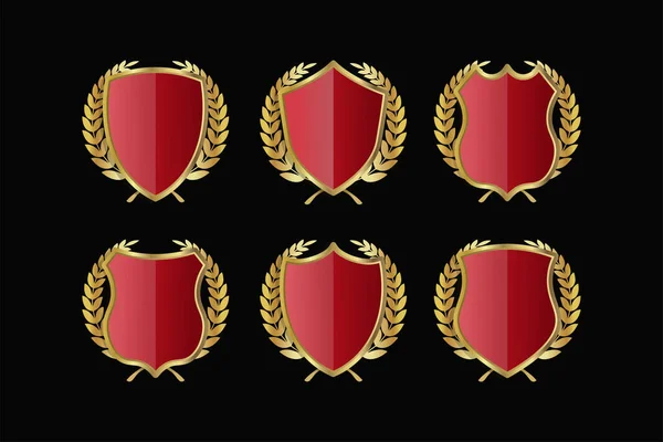 Red Golden Shield Vector Icons Set Scudi Corazzati Dorati — Vettoriale Stock