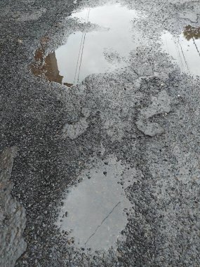 Çukurlu asfalt yol. Hasarlı yollar. Yağmurdan sonra. Yabani bitkilerle kaplanmış.