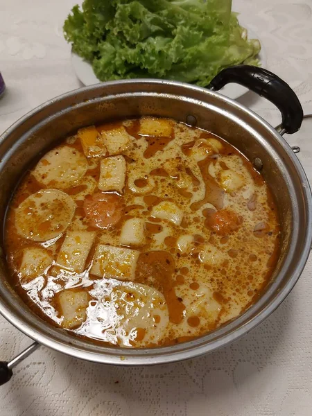 Pan Hot Pot Shabu Shabu Suki Savory Taste Consisting Seafood — Stock Photo, Image