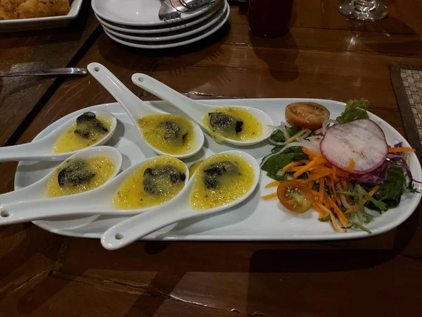 Escargot White Porcelain Spoon Vegetable Salad Served White Plate French — Stockfoto