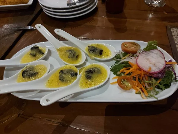 Escargot White Porcelain Spoon Vegetable Salad Served White Plate French — Stok fotoğraf