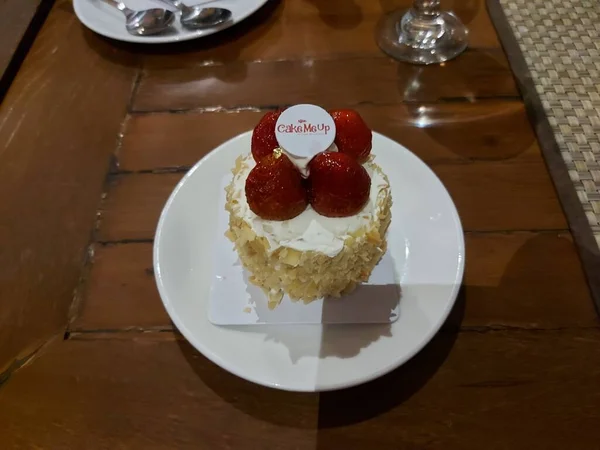 Bandung Indonesia July 2022 Strawberry Cheese Cake White Plate — Stockfoto