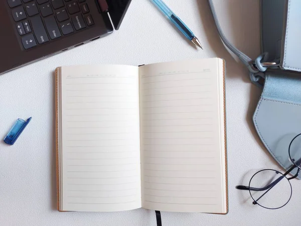 Blank Agenda Book Equipped Laptop Bag Glasses Pen Isolated Background — ストック写真