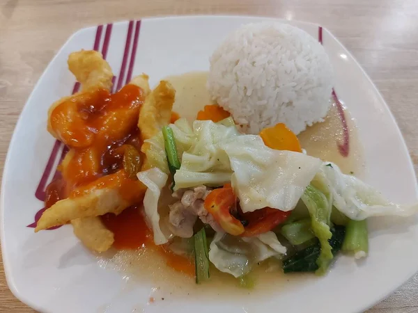 Set Meal Sweet Sour Fish Fillet Rice Stir Fried Vegetables — Stok fotoğraf