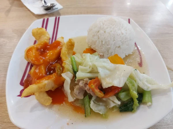 Set Meal Sweet Sour Fish Fillet Rice Stir Fried Vegetables — 스톡 사진