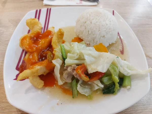 Set Meal Sweet Sour Fish Fillet Rice Stir Fried Vegetables — ストック写真
