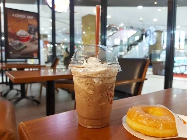 Glass Chocolate Drink Whipped Cream Top Compeleted Donut Break Time — 스톡 사진