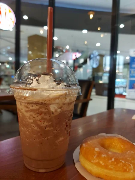 Glass Chocolate Drink Whipped Cream Top Compeleted Donut Break Time — 스톡 사진