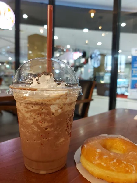 Glass Chocolate Drink Whipped Cream Top Compeleted Donut Break Time — 图库照片