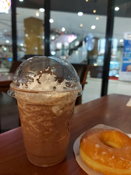 Glass Chocolate Drink Whipped Cream Top Compeleted Donut Break Time — Fotografia de Stock