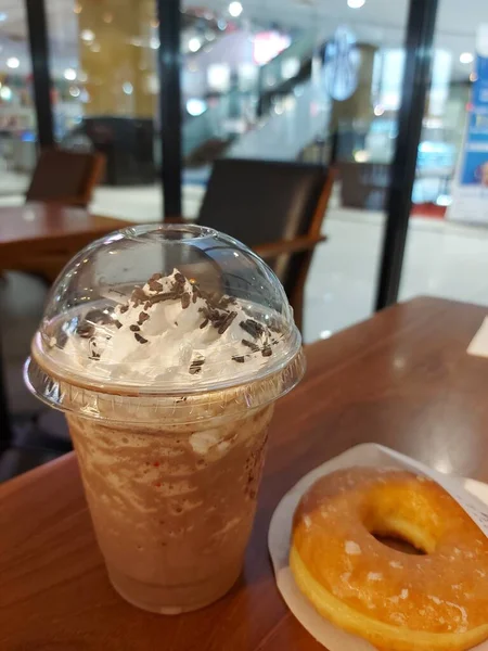 Glass Chocolate Drink Whipped Cream Top Compeleted Donut Break Time — 스톡 사진