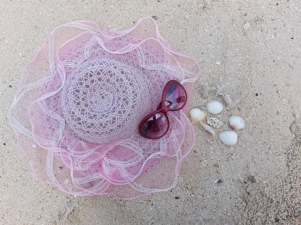 Glasses Pink Female Hat White Sand Summer Vibes —  Fotos de Stock