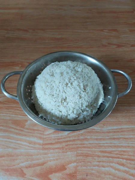 White Rice Stainless Steel Container Isolated Background — Photo