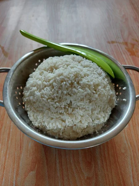 White Rice Stainless Steel Container Isolated Background — 图库照片