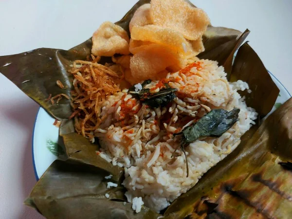 Anchovy Grilled Rice Nasi Bakar Ikan Teri Indonesia Language Traditional — 스톡 사진