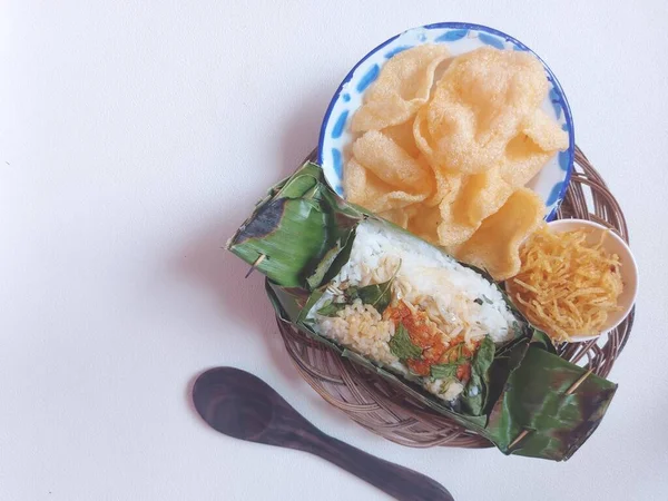Set Meal Anchovy Grilled Rice Nasi Bakar Ikan Teri Indonesia — стокове фото