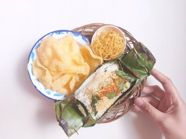 Set Meal Anchovy Grilled Rice Nasi Bakar Ikan Teri Indonesia — стокове фото