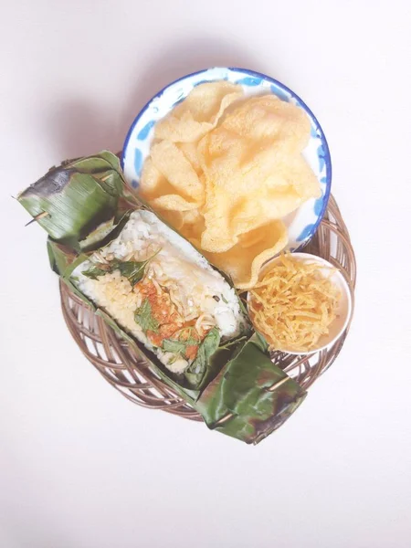 Set Meal Anchovy Grilled Rice Nasi Bakar Ikan Teri Indonesia — Stok Foto