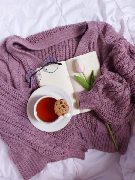 Blank Book Agenda Hold Purple Sweater Completed Glasses Pink Tulip — Stock Photo, Image