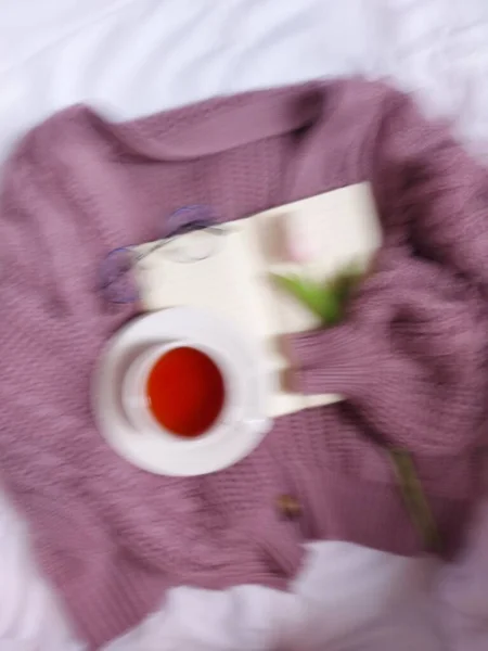 Blurred Blank Book Agenda Hold Purple Sweater Completed Glasses Pink — 图库照片