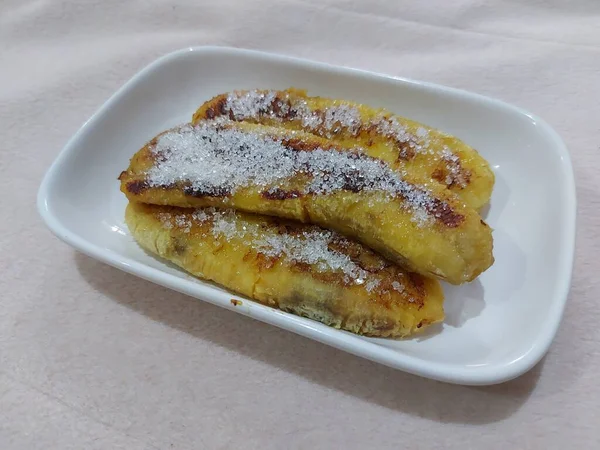 Fried Bananas Sprinkled Sugar Traditional Dessert Indonesia — Stok Foto