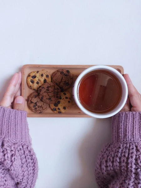 Tea Time Photography Concept Cup Tea Choco Chips Cookies Wooden — Stockfoto