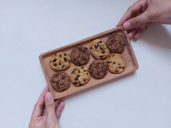 Choco Chips Cookies Wooden Plate Snack Time Photography Concept Isolated — Foto Stock