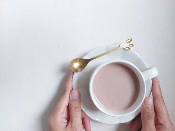 Cup Chocolate Drink Completed Plate Spoon Isolated Background White Minimalist — Fotografia de Stock