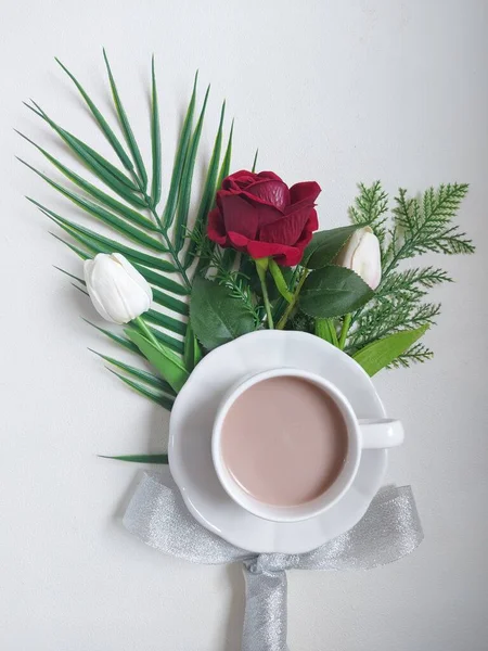 Cup Chocolate Drink Completed Plate Spoon Isolated Background White Minimalist — Fotografia de Stock