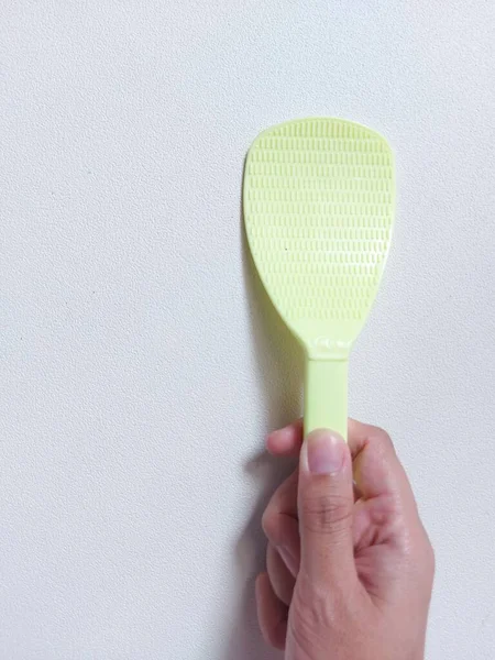 Green Rice Scoop Paddle Spatula Isolated Background White Copyspace Minimalist — Stock Photo, Image