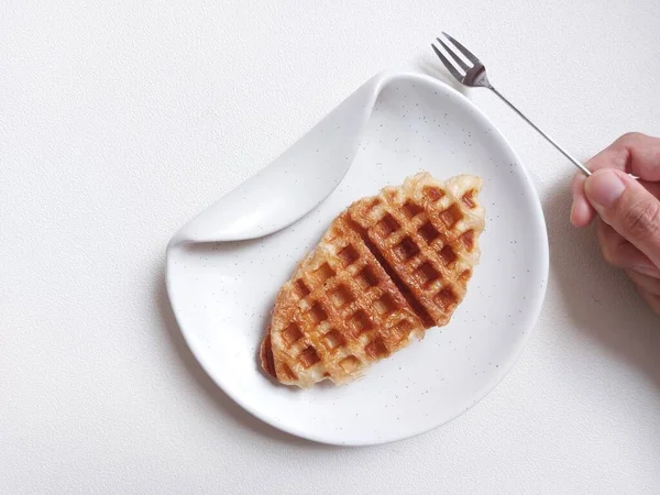 Croffle Croissant Waffle White Plate Viral Dessert Snack Sweet Taste — Photo