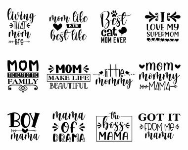 Annem tasarım, anne harfleri vektör ve çıkartma setinden alıntılar yapıyor.