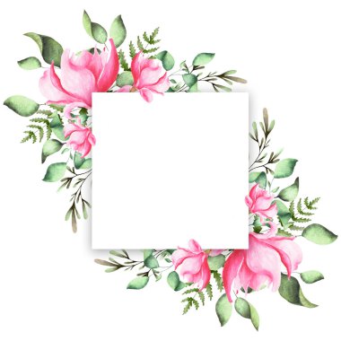 Manolya ve yeşil dallarla suluboya bileşimi