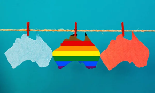 Australian map and flag with color Rainbow LGBT, Transgender, LGBTQ+ flag Pride symbol Mardi Gras Sydney background
