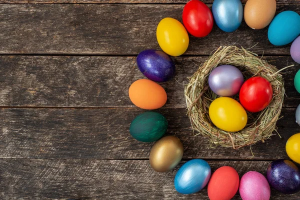Uova Pasqua Dipinte Multicolori Nel Nido Arredamento Buona Pasqua Carta — Foto Stock