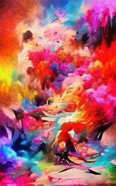 Soyut resim izlenimciliği karışık duvar resimleri. Dekorasyon, büyük boy ve yüksek çözünürlüklü tasarım resimleme için yağlı ve suluboya dijital çizim posteri, parlak ve canlı