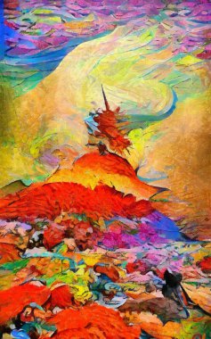 Soyut resim izlenimciliği karışık duvar resimleri. Dekorasyon, büyük boy ve yüksek çözünürlüklü tasarım resimleme için yağlı ve suluboya dijital çizim posteri, parlak ve canlı